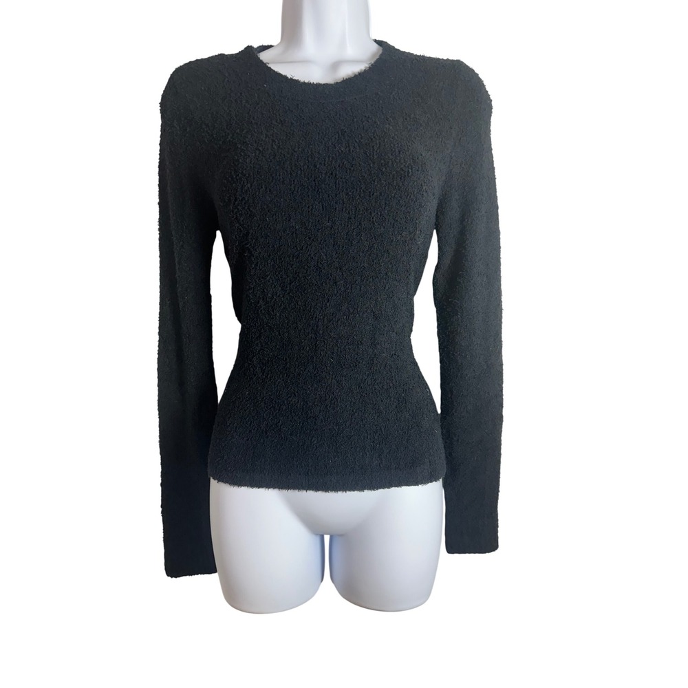Vince Black Textured Boucle Cotton Blend Crew Neck Long Sleeve Sweater Small